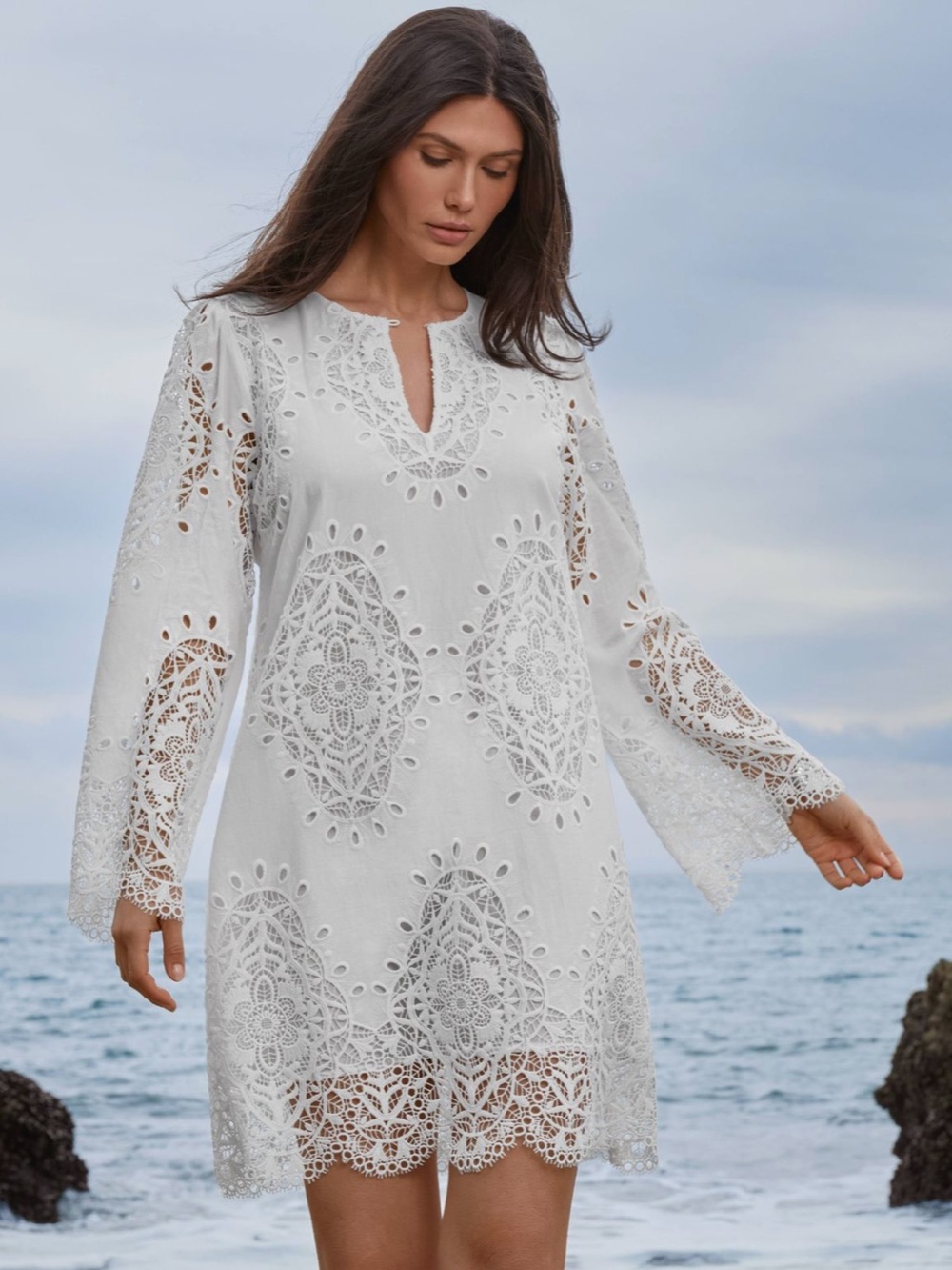 Johnny Was Elandra White Eyelet Embroidered Mini Dress S NWT